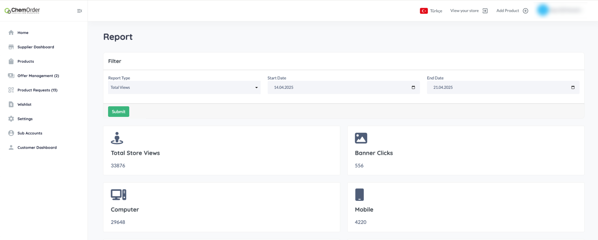 Desktop view of the ChemOrder seller dashboard